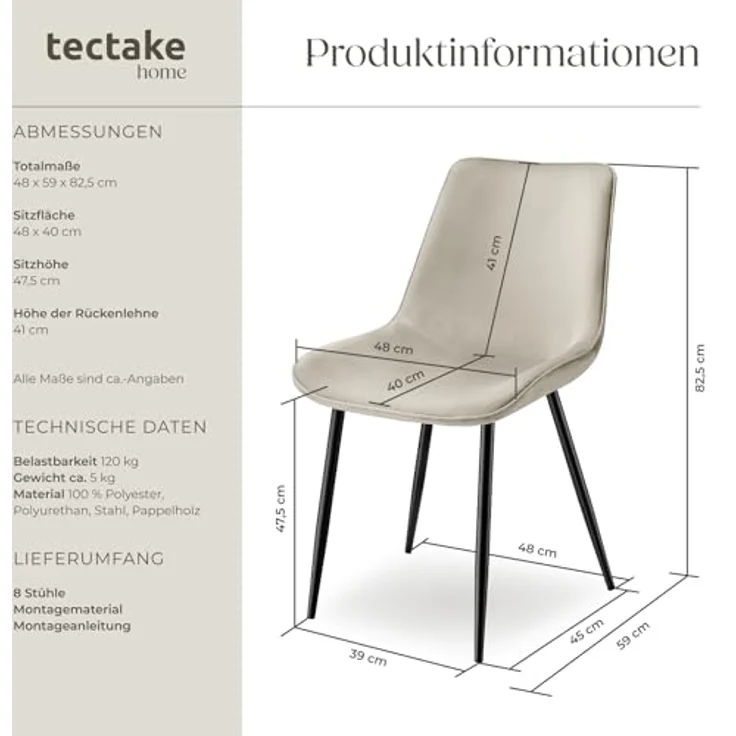 tectake Esszimmerstuhl Monroe (8er Set, 8 St), Gepolstert – Bild 4