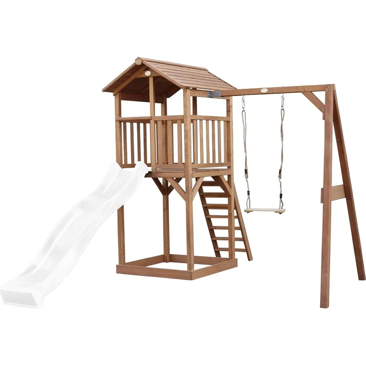 AXI Beach Tower Spielturm aus Holz in Braun Spielhaus für Kinder mit weißer Rutsche, Schaukel und Sandkasten | Braun, weiß | Holz | 349 cm