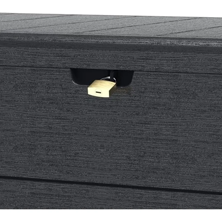 Duramax Cedargrain Durabox 416 Liter/ 110 Gallonen Kissenbox aus Kunststoff, Auflagenboxen für Terrasse und Gartenmöbel, abschließbare Kissenbox aus Kunststoff mit Gasflasche, Dunkelgrau – Bild 14