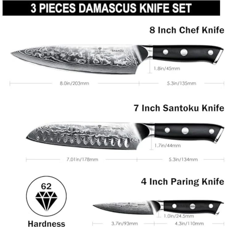 SHAN ZU Damastmesser-Set, 3-teilig japanisches Superstahl-Damast-Küchenmesser-Set, hochkohlenstoffreiches professionelles ultrascharfes Kochmesser-Set mit G10-Griff Geschenkbox – Bild 3