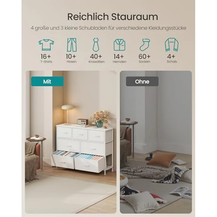 SONGMICS Kommode, Schrank, 7 Stoffschubladen, Aufbewahrungsschrank, Stahl, MDF, Vliesstoff, für Schlafzimmer, Flur, Wohnzimmer, wolkenweiß-schneeweiß LGS323WH01 – Bild 5