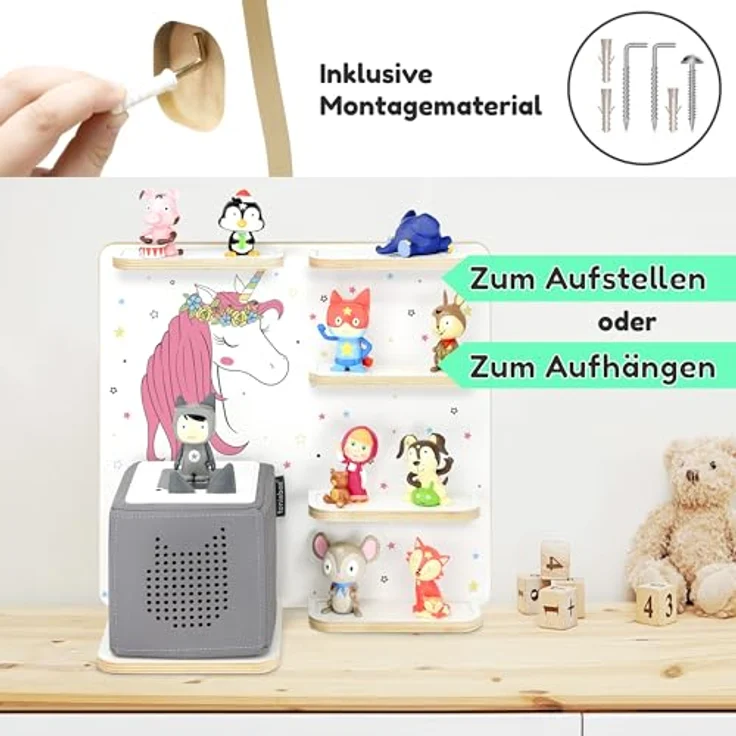 stadtecken Holzregal für Musikbox – Passend für Toniebox & ca. 40 Tonies | Perfekte Aufbewahrung fürs Kinderzimmer | Zum Aufhängen | Erweiterbar (Einhorn) – Bild 8