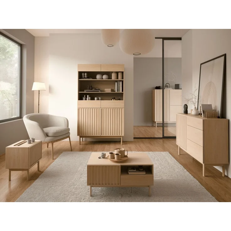 Beautysofa Kommode SAPPORO im Japandi-Stil (Push-to-Open-Funktion, mit 3 Schubladen und 1 Tür), Lamellenfront – Bild 3
