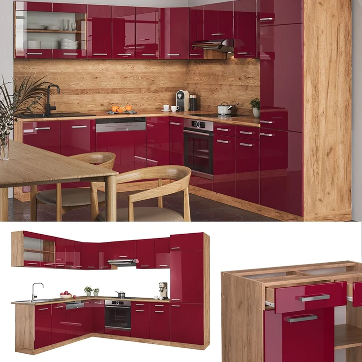 Eckküche R-Line Rot Hochglanz/Goldkraft Eiche 287 x 46 cm ohne Arbeitsplatte Vicco – Bild 2