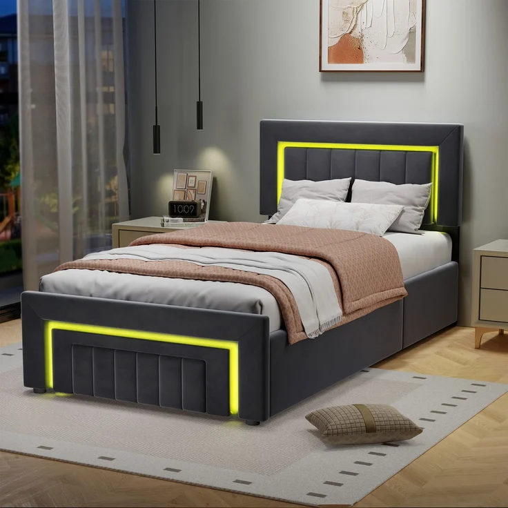 Polsterbett aus Velours mit LED, hydraulischem Stauraum & Schublade, ohne Matratze, 90x190 cm, Grau – Bild 9