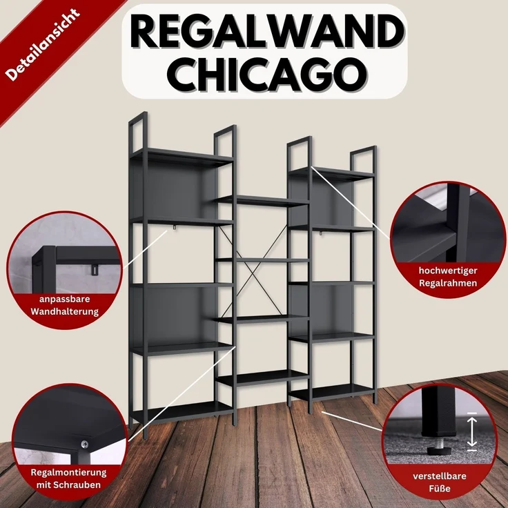 Coemo Regalwand Chicago aus Metall mit 9 Ebenen, 14 Ablageflächen Schwarz – Bild 2