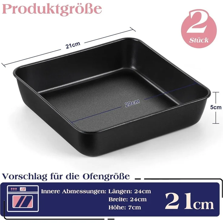 Joyfair Quadratische Kuchenform 2er Set Edelstahl Antihaft 21x21x5 cm Brownie – Bild 2