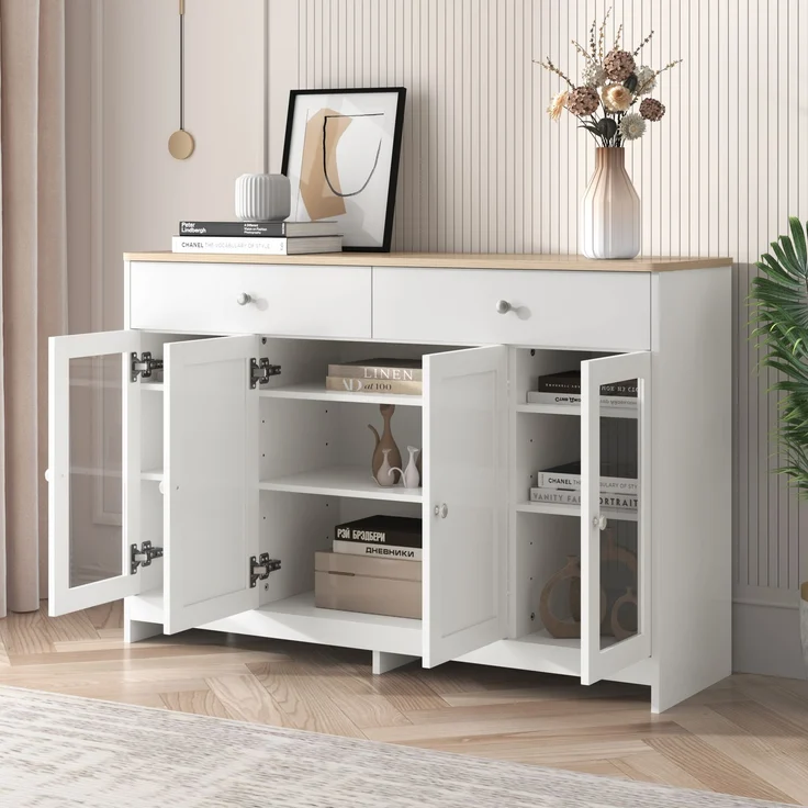 Abrihome Sideboard mit Holzoptik und Glastür im Landhausstil, Weiß, 80x37x120 cm – Bild 2