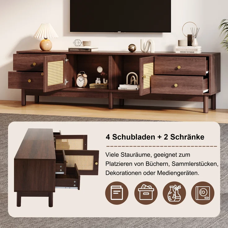 TV-Schrank, mit 2 Rattantüren, 4 Schubladen & Kabelmanagement, 180x35x44 cm, Braun – Bild 8
