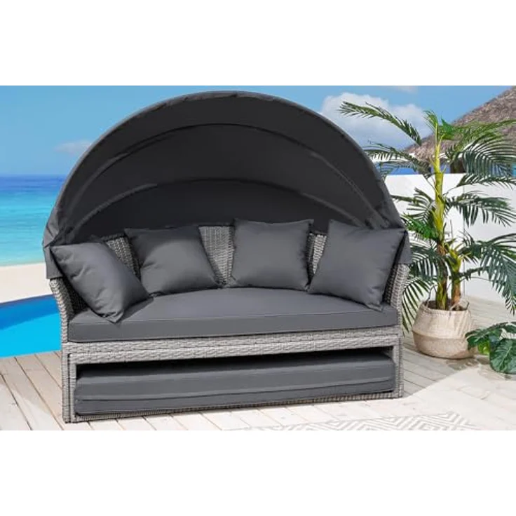 riess-ambiente Sonneninsel PLAYA LIVING 165cm grau / anthrazit · Polyrattan · Aluminium, Einzelartikel 1 Teile, Gartenlounge · einfahrbares Fußteil · klappbares Dach · mit Kissen – Bild 6
