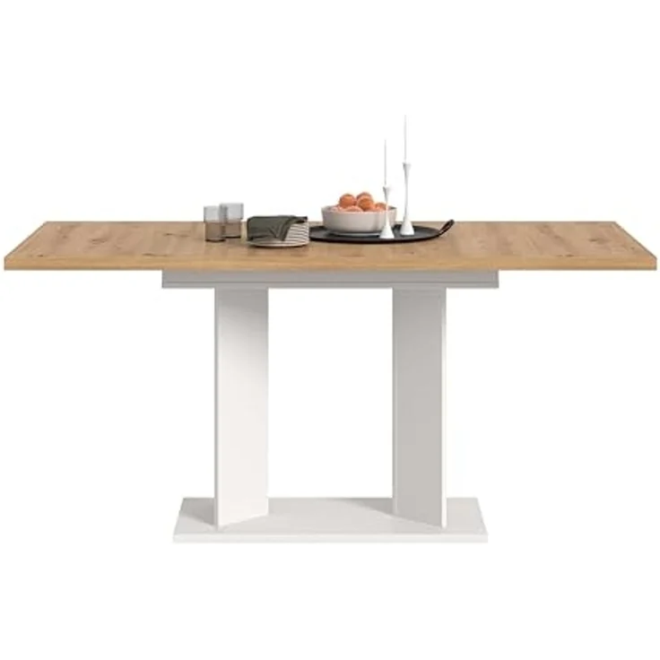 xonox. home – Esstisch Gustav 120-160x76x80 cm in Artisan Eiche Nachbildung und Weiß – Ausziehbarer Küchentisch mit Doppelsäule – variabel anpassbar, ummantelte Kanten & inklusive Aufbauanleitung – Bild 5
