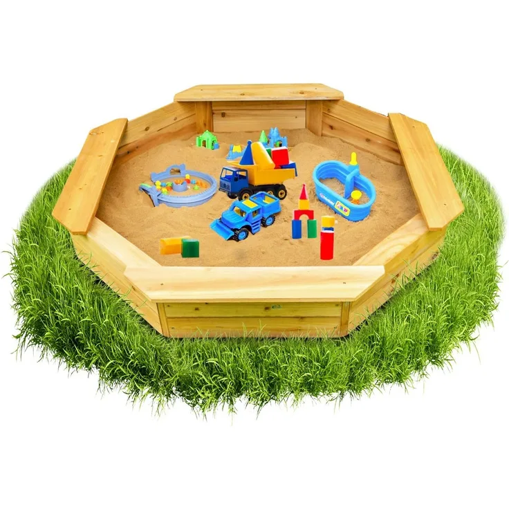 Coemo 6-eckiger Sandkasten Sally Holz inkl. Bodenplane 135x135x20 cm