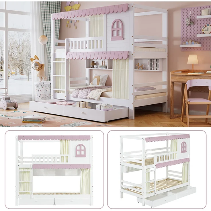 Merax Etagenbett 90x200cm mit 2 Schubladen, Kinderbett Hausbett mit Regal, Hochbett mit Lattenrost und Leiter, Stockbett Holzbett, Weiß+Rosa – Bild 8