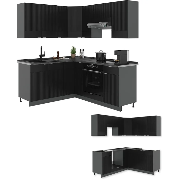 Winkelküche Fame-Line Schwarz gestreift/Anthrazit 190 x 160 cm ohne Arbeitsplatte Vicco – Bild 6