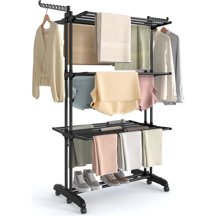 SONGMICS Wäscheständer, Standtrockner 4 Ebenen, Flügelwäscheständer, klappbare Flügel, mit Rollen, 63,5 x 125,5 x 173 cm, groß, einfacher Aufbau, tintenschwarz LLR703BZ02 – Bild 1