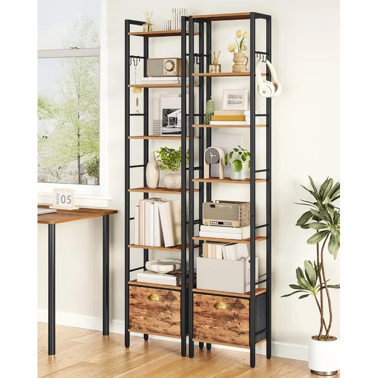 Bücherregal, 7 vertikale Regale mit 1 Zusammenklappbare Stoffschubladenund 4 Haken, offene Regale, Metallrahmen, geeignet für Arbeitszimmer, Wohnzimmer Vintagebraun-Schwarz – Bild 5