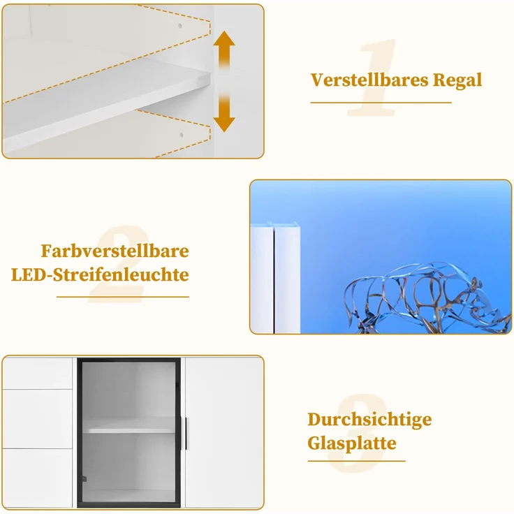 DESVIAE Sideboard mit LED-Beleuchtung und 3 Schubladen 160x78x36 cm MDF Spanplatte Weiß – Bild 5