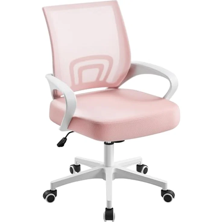 Yaheetech Bürostuhl Ergonomisch, Schreibtischstuhl mit Netzbespannung und Armlehnen, Drehstuhl aus Mesh, Chefsessel Wippfunktion, Höhenverstellbar Rückenschonend bis 136kg Belastbar, Rosa – Bild 2