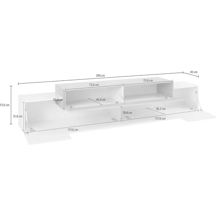 Dmora - TV-Schrank Nico, niedriges Wohnzimmer-Sideboard, Fernsehständer-Basis, 100% Made in Italy, 240 x 45 x 52 cm, glänzendes Weiß, – Bild 3