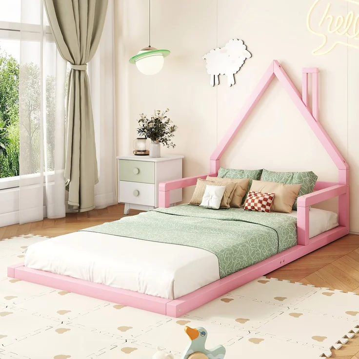 Bett 90x200 cm Hausform aus Kiefer massiv in Rosa – kindgerechtes, schlichtes Design – Bild 2