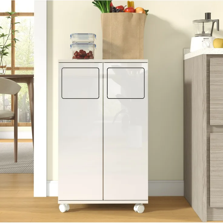 Mülltrennschrank 46,7 x 35 x 80,3 cm in Hochglanz-Weiß mit 2 Fächern und feststellbaren Rollen
