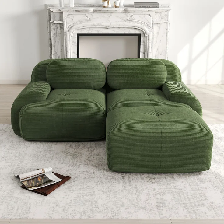 Ecksofa aus weichem Cordstoff,modular kombinierbar mit gebogenen Armlehnen ohne Montage hochelastische Schaumstoffpolsterung für Wohnzimmer Ruhezonen und Schlafzimmer,Cordstoff,Green, – Bild 1