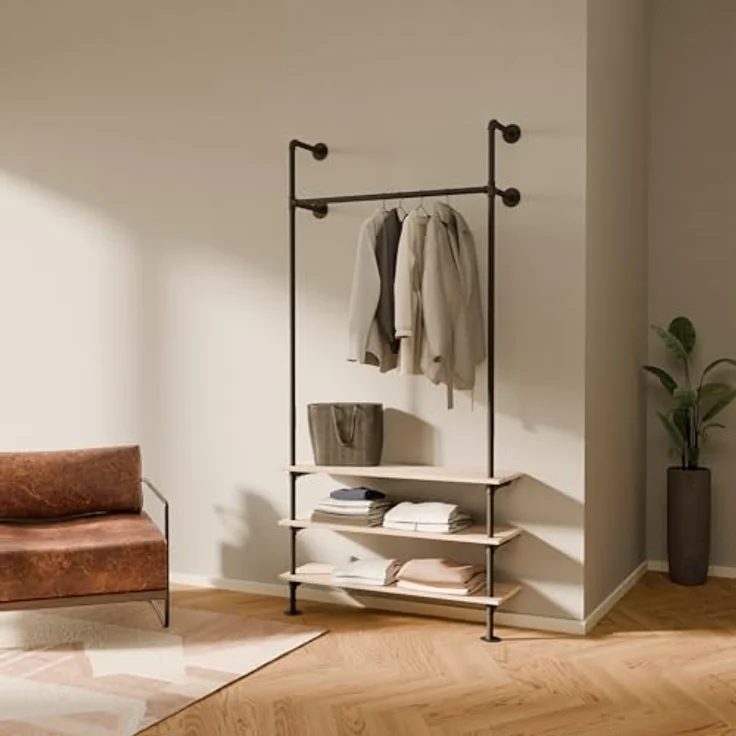 pamo. design Garderobenständer ALVA, (Mit 3 Eichen Regalbrettern als Ablage), Kleiderständer aus pulverbeschichteten Wasserrohren zur Wandmontage – Bild 2