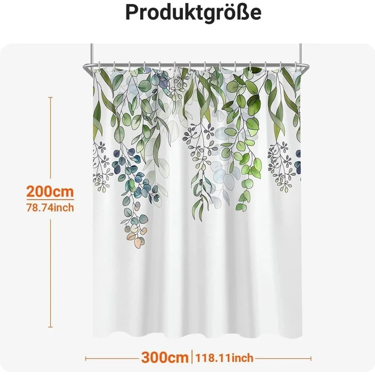 Duschvorhang 300x200cm Grün Blätter Antischimmel Textil Wasserabweisend mit Ösen – Bild 6