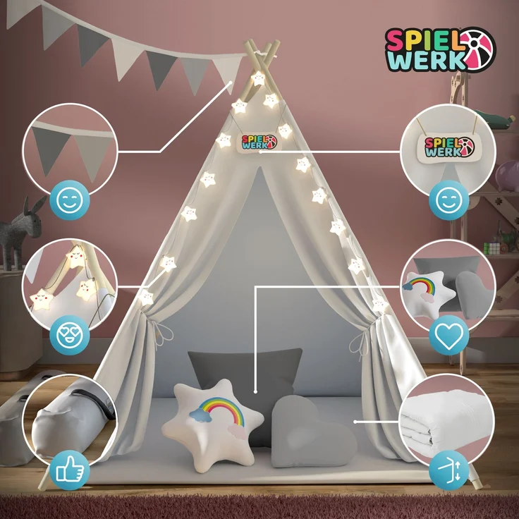 Spielwerk Kindertipi mit Lichterkette, Bodenmatte & Kissen, Baumwolle weiß, 120 x 120 x 160 cm – Bild 2