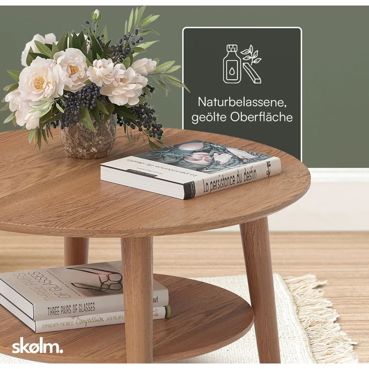 skølm 'Mjölnir' Couchtisch rund, Massivholz Eiche, dunkel geölt, Wohnzimmertisch Ø70 cm, Beistelltisch für Wohnzimmer mit Ablage – Bild 4