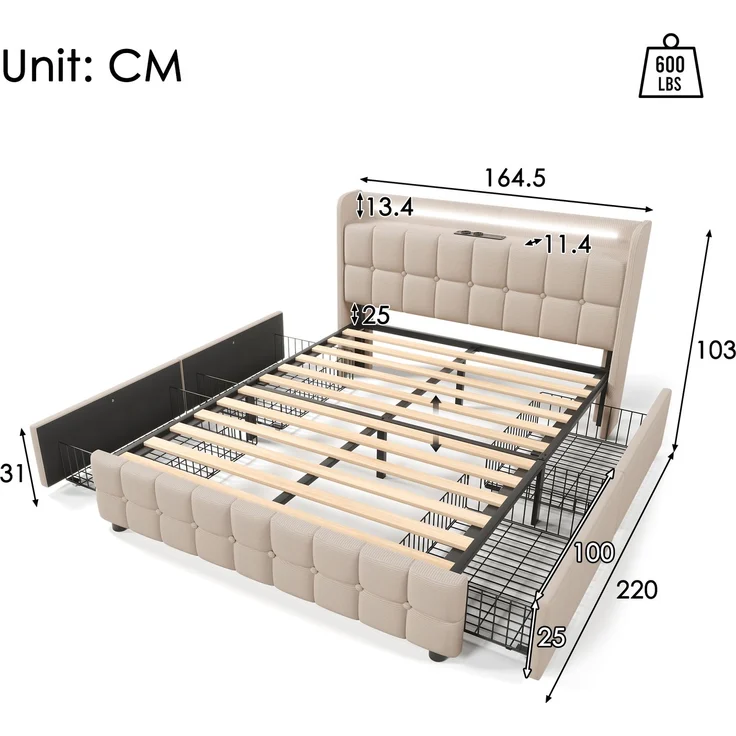 Einzelbett 160 × 200 cm mit Steckdosen,USB-Anschlüssen und LED-Beleuchtung,4 Schubladen,Leinenbezug in Beige – Bild 8