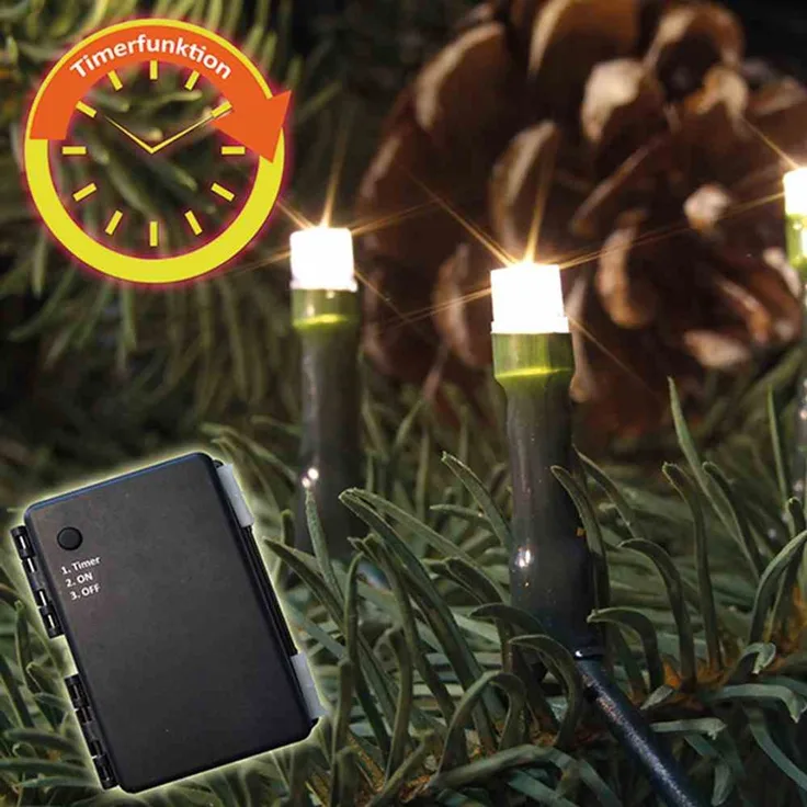 LED-Batterie-Kette außen 120er warmweiß mit Timer für 3 x AA
