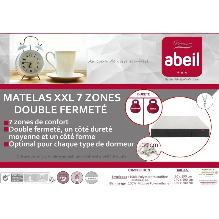 Abeil - XXL-Schaummatratze Double Sensation – Breite 30 cm – 1 mittlere Seite H2, 1 Seite fest H3 – ultraweicher Bezug, abnehmbar & maschinenwaschbar – Öko-Tex Zertifiziert – Weiß, 140x190 cm – Bild 9