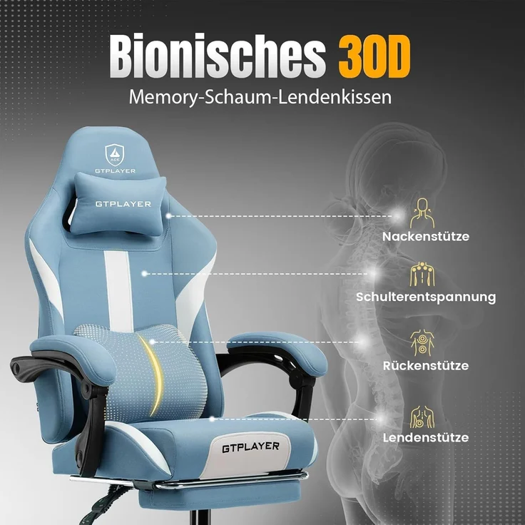 GTPLAYER Gaming-Stuhl Ergonomischer Gaming Sessel Schreibtischstuhl Gamer Stuhl aus Stoff, Federsitzkissen mit Fußstütze – Bild 4