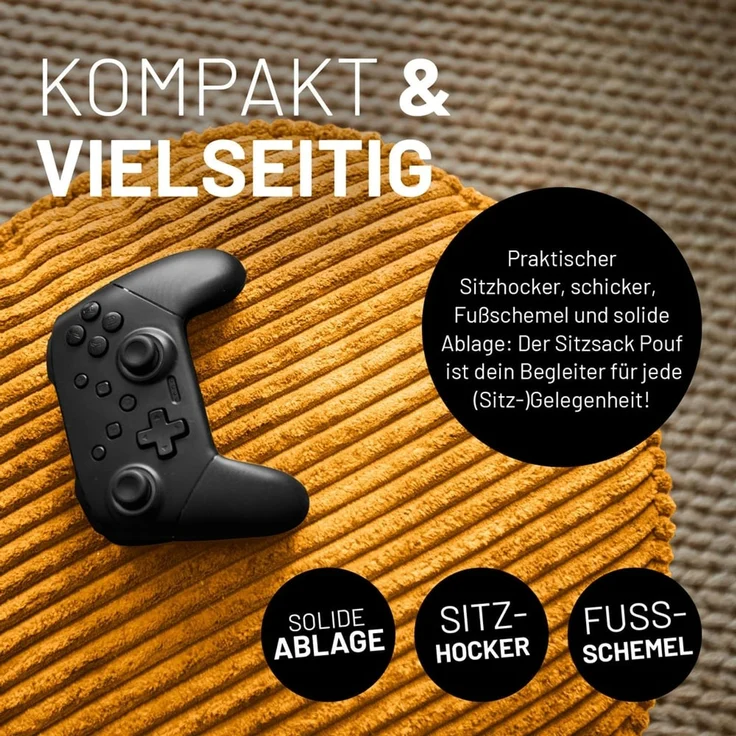 Lumaland Sitzsack Pouf aus Cord | Kompakter 50L Gaming Pouf mit 3-in-1-Funktion: bequemer Hocker, praktisches Tischchen & stylischer Indoor Fußschemel | Ø 25x45 cm [Senfgelb] – Bild 6