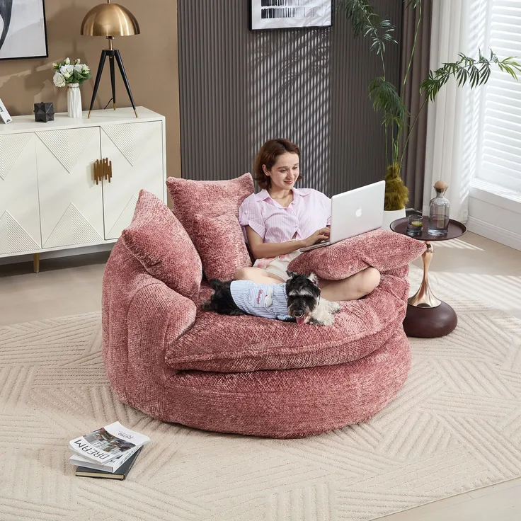 Abrihome Sessel mit Kissen und Verstellfunktion, Rosa, 190,5x138x63 cm
