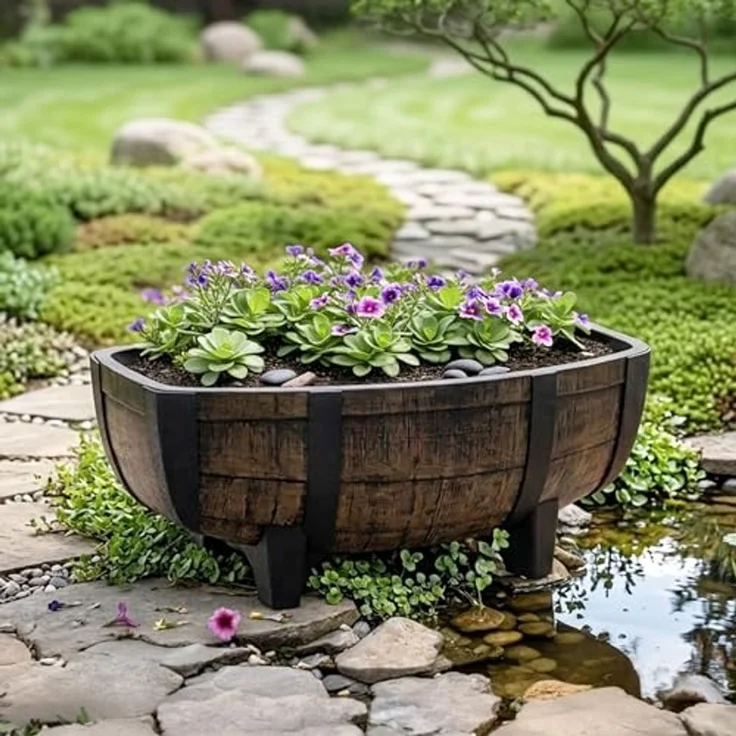 Spetebo Blumentopf Pflanzschale in Eichenfass Optik mit Drainageboden (Anzahl, 1 St, 41 x 30 cm), Blumenschale aus Kunststoff im Design eines halben Eichenfasses – Bild 7