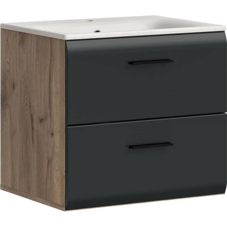 Waschtisch inkl. Waschbecken (B/H/T: 60x55x46 cm) in schwarz matt und Nox Oak Nachbildung – Bild 1
