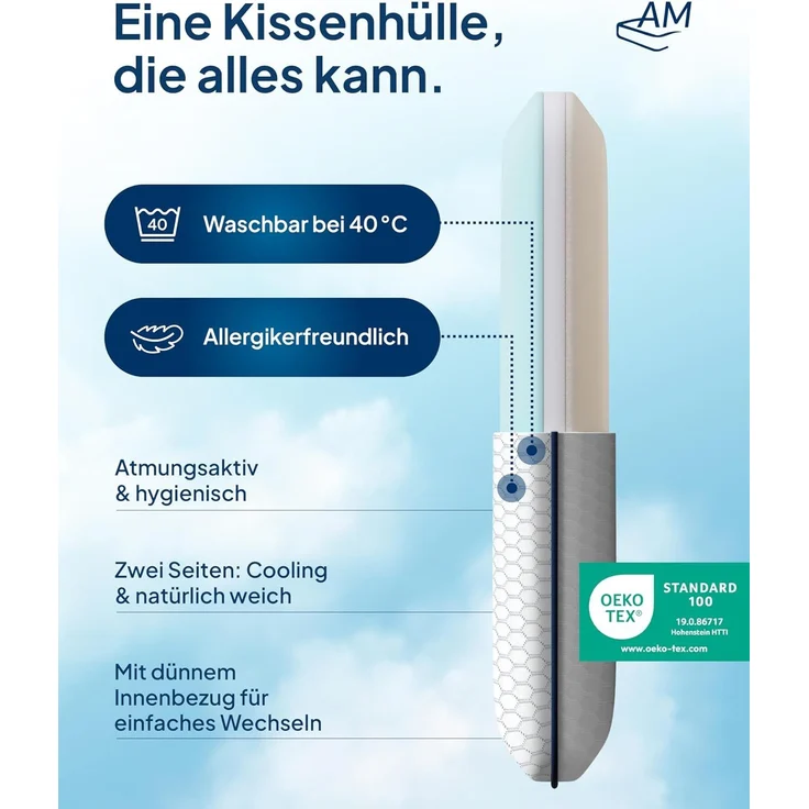 AM Qualitätsmatratzen Nackenstützkissen Premium Nackenstützkissen, verstellbares Kissen mit kühlendem Effekt, Seitenschläfer, Rückenschläfer, 60x35x10 cm – Bild 5