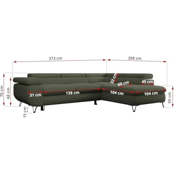 Mks Möbel 'Peter L-form' Ecksofa mit Bettfunktion, Bettkasten & einstellbaren Kopfstützen, Grün, Boucle, links – Bild 4
