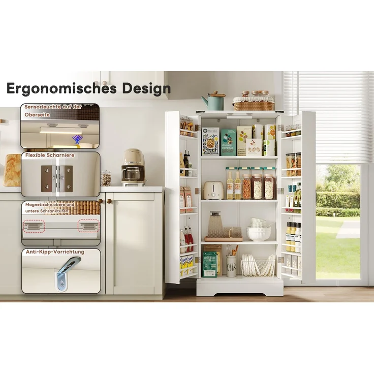 128,5 cm großer Küchenschrank, Bauernhaus-Aufbewahrungsschrank – LED-Speiseschrank mit 2 Flügeltüren und verstellbaren Regalen für kleine Räume im Esszimmer oder Wohnzimmer, weiße Tiefdruckstruktur--Weiß--134.62x44.45x15.88cm--YOUDENOVA – Bild 8
