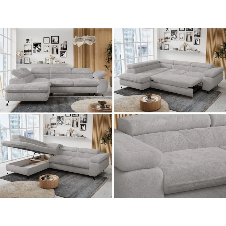 Ecksofa mit Bettfunktion, Modern Sofa, L-form, Einstellbare Kopfstützen, Bettkasten - PETER - Hellgrau Plüsch - Topper T25 - links – Bild 2