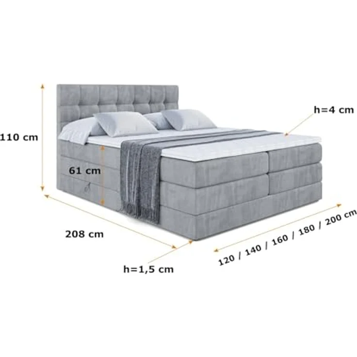 ALTDECOR BERO KING Boxspringbett 180x200 mit H3 Bonellfederung, H4 Multipocket-Matratze (18 cm), 4 cm Topper, gepolstert, Bettkasten, Grau Samt – Bild 6