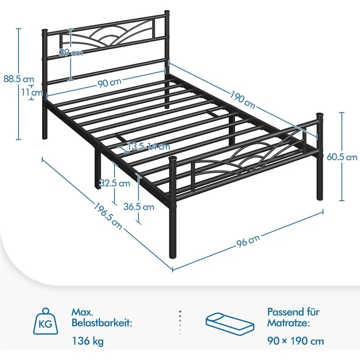 Yaheetech Metallbett mit Lattenrost, Wolkenmuster, Schwarz, 90x190 cm – Bild 4