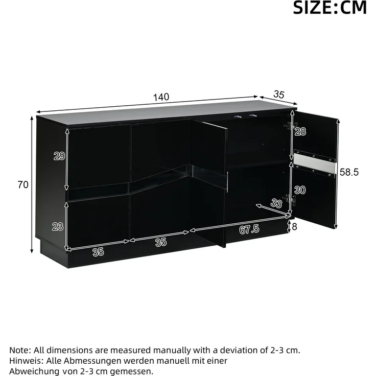 ZUBALIYA Sideboard 140x35x70 cm, mit LED-Beleuchtung, Hochglanz, mit 4 Türen, aus Spanplatte, Schwarz – Bild 4