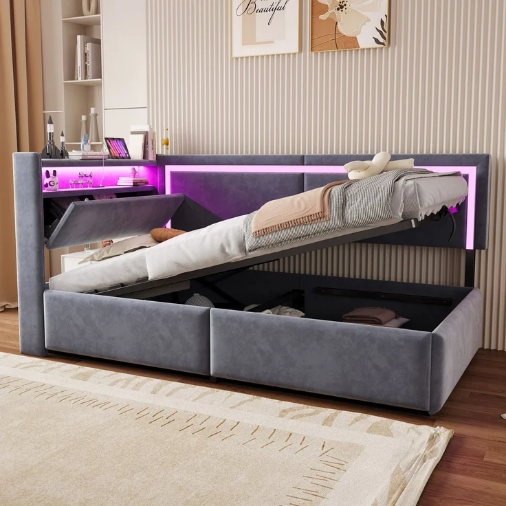 EINHOM Polsterbett Schlafsofa 90 x 200 cm, Samt, mit LED-Beleuchtung und USB-Ladeanschlüssen, Kopfteil Lässt Sich zum Verstauen Öffnen, Hydraulisches Stauraumsystem unter dem Bett, Grau, (Ohne Matratze) – Bild 3