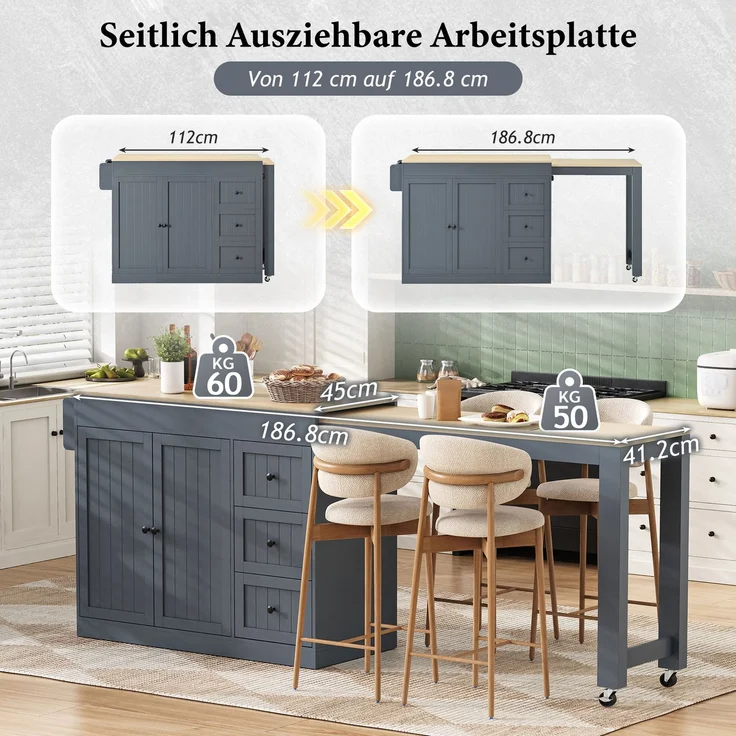 Merax Kücheninsel auf Rollen, Ausziehbarer Essbereich Kücheninsel mit Gewürzregal und Schubladen, Mobile Kücheninsel freistehend, Ideal für Küche und Esszimmer (Grau) – Bild 8