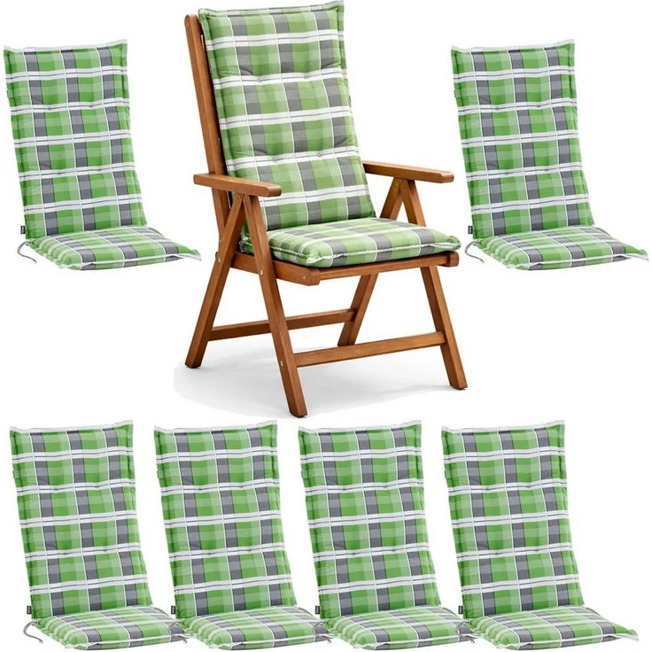 BURI 6x Auflagen Set Hochlehner für Gartenstühle 120x48x7cm Sesselauflagen Polster UV Lichtecht - Gartenstuhlauflagen Karo Muster Stuhlkissen mit Dicker Schaumstoff Füllung (Grün/Grau) – Bild 5