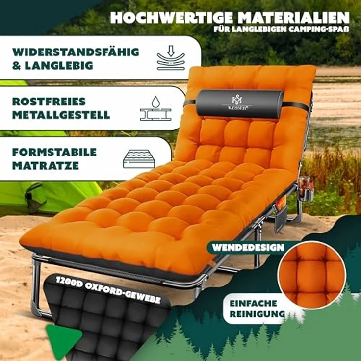 KESSER® Campingbett klappbar mit Tragetasche, Nackenkissen, Vakuumtasche & Getränkehalter, 190 x 68 x 30 cm bis 250 kg belastbar, aus Oxford-Gewebe und stabilem Stahlgerüst, ideal für Garten Camping Orange / Schwarz – Bild 6