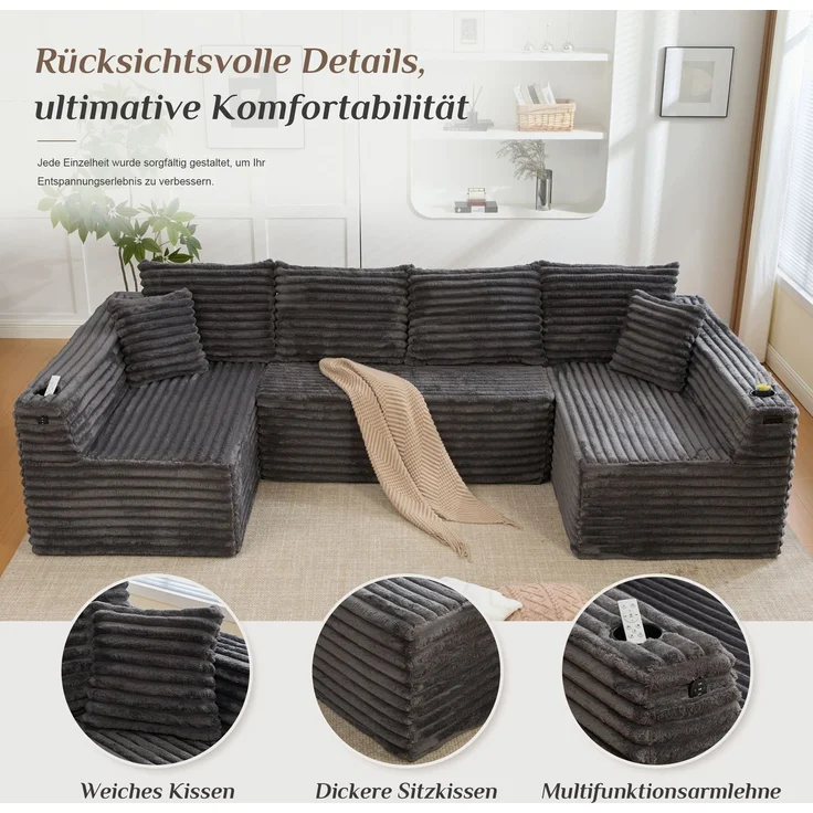 ZUBALIYA Wohnlandschaft 155x88 cm, mit Samtbezug, mit Cordbezug, mit breiten Armlehnen, mit Schaumstoffpolsterung – Bild 5